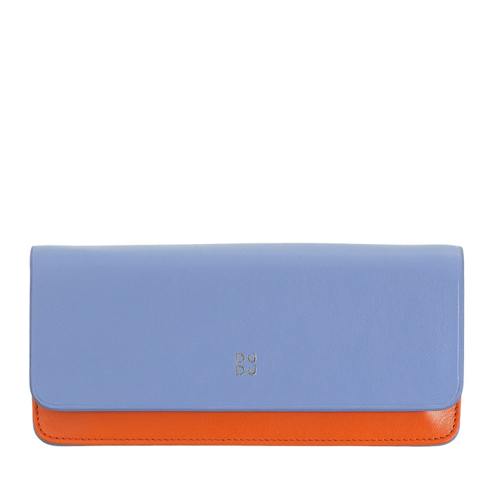 Blue and orange leather wallet with minimalist design and logo