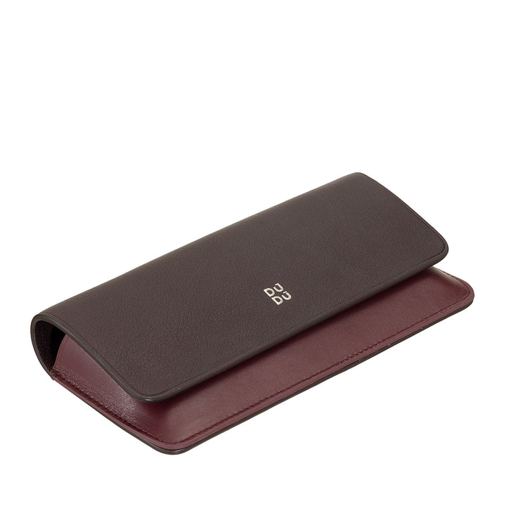 Luxury brown and maroon leather eyeglass case with logo