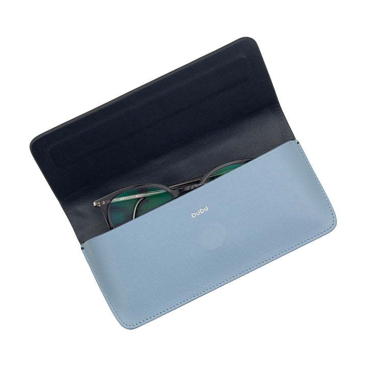 Blue leather eyeglass case with glasses inside