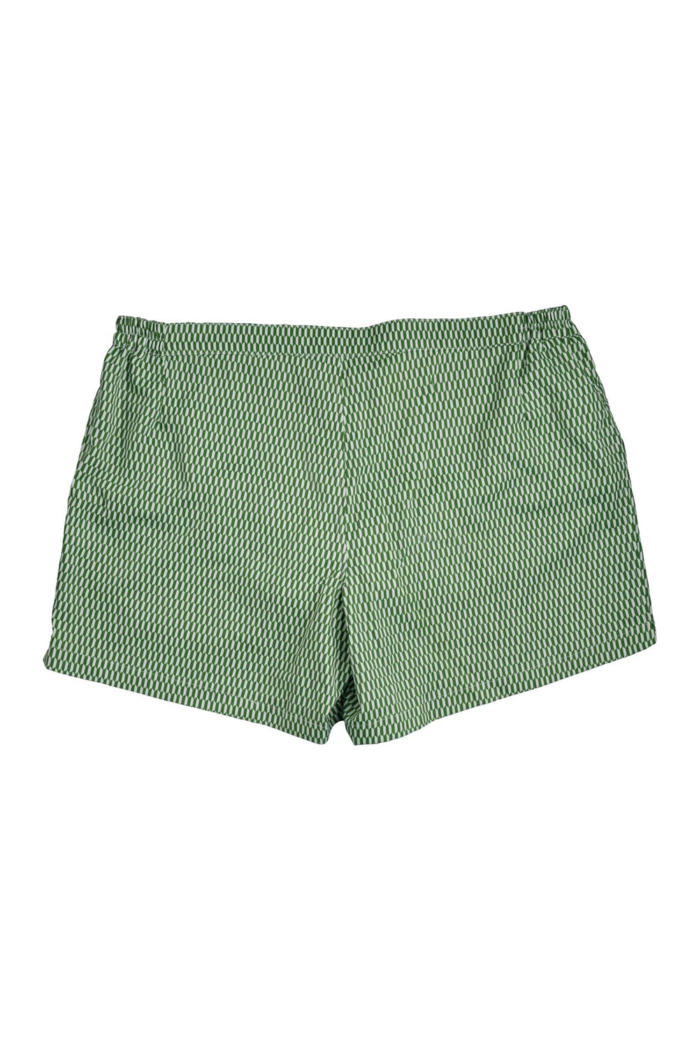 Green patterned shorts displayed against a white background