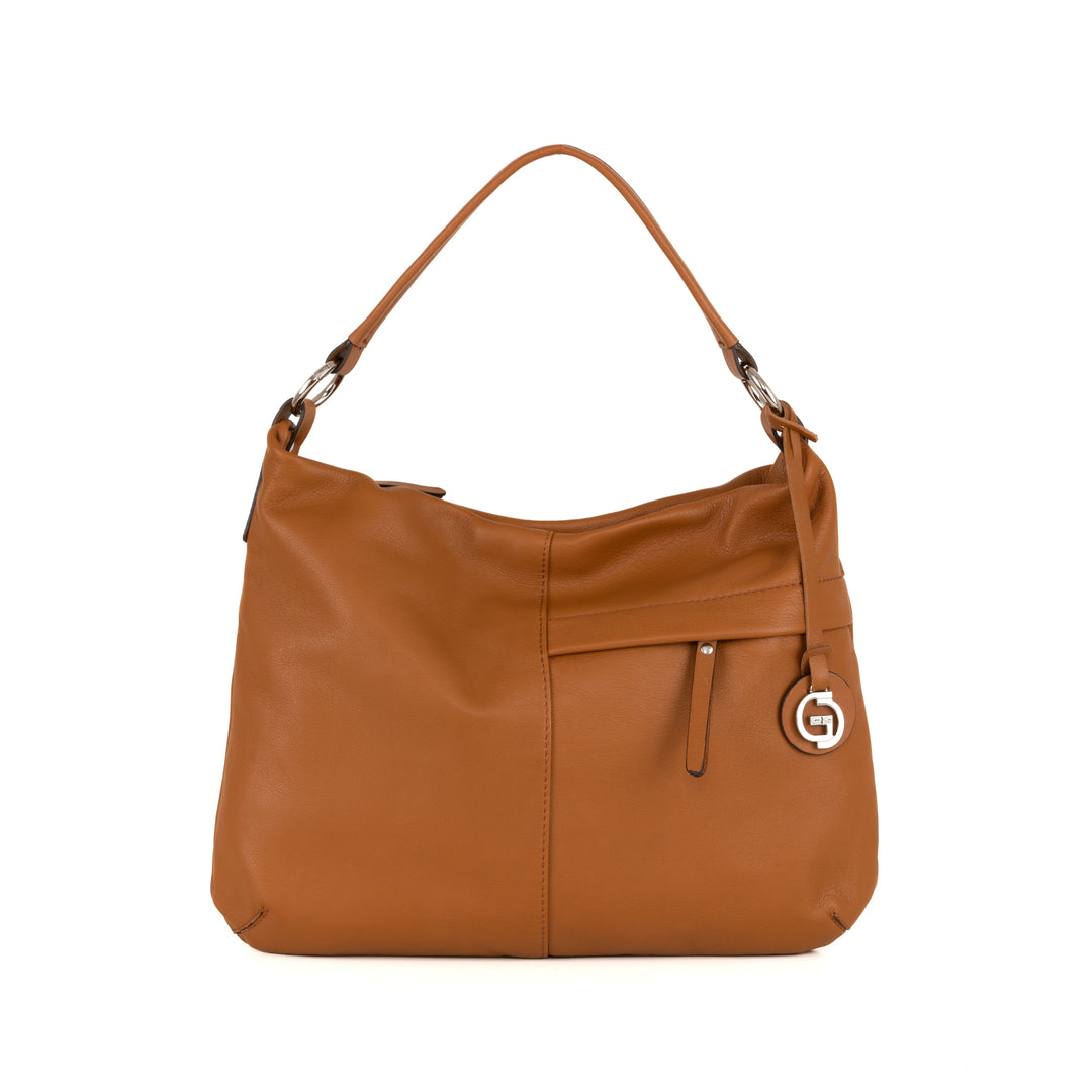 Brown leather hobo handbag with shoulder strap and decorative logo charm