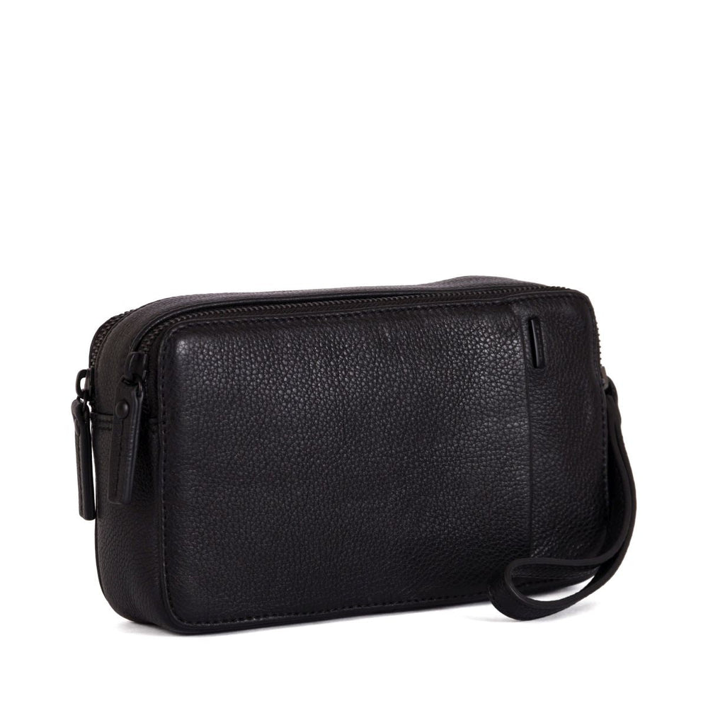 Black leather wristlet clutch with zipper and textured design