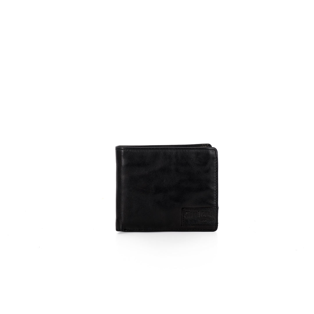 Black leather bi-fold wallet on white background