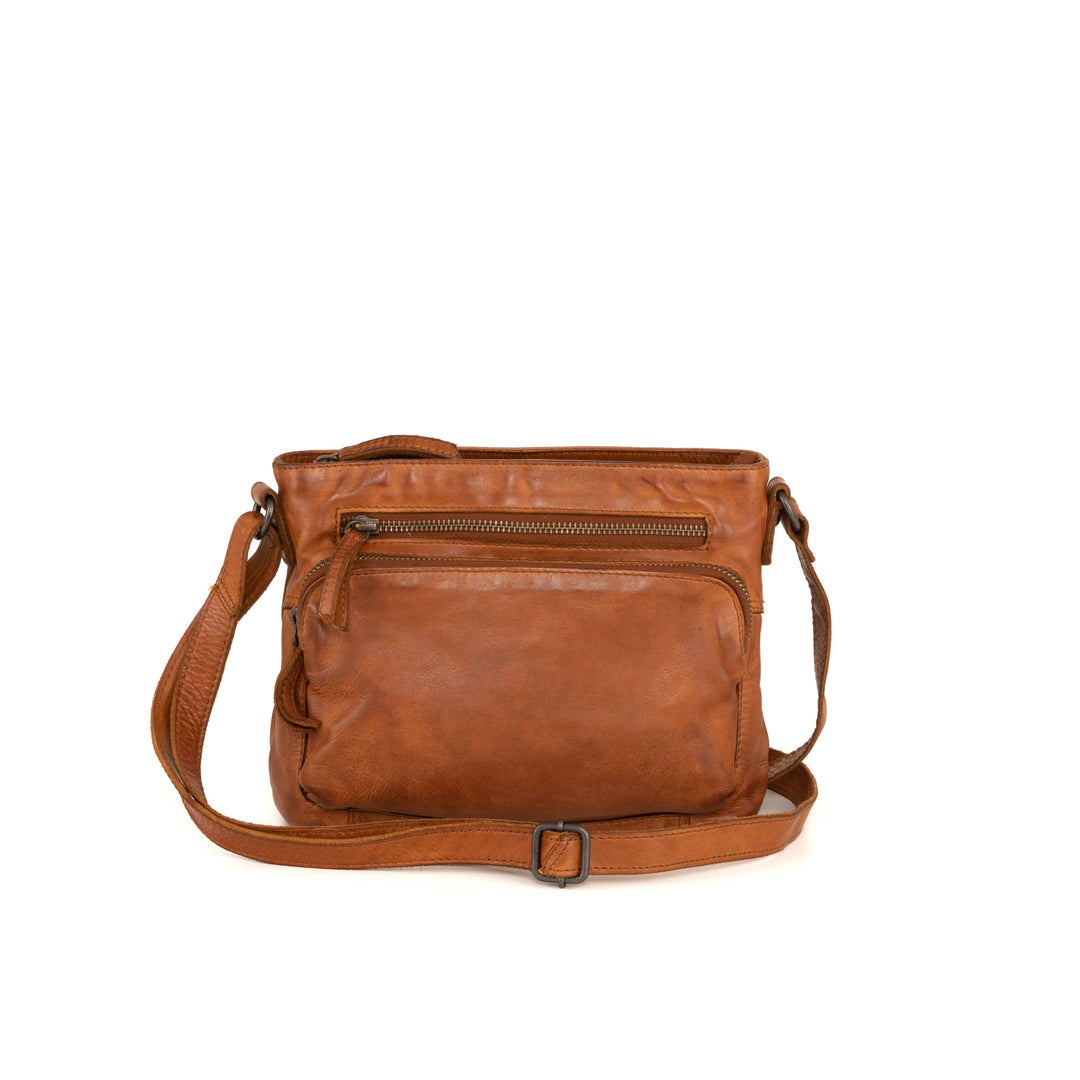 Vintage brown leather crossbody bag with front pockets and adjustable strap