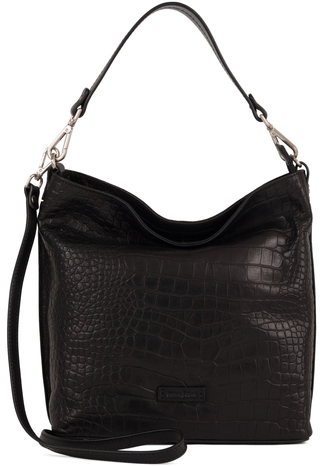 Black leather handbag with crocodile pattern and shoulder straps