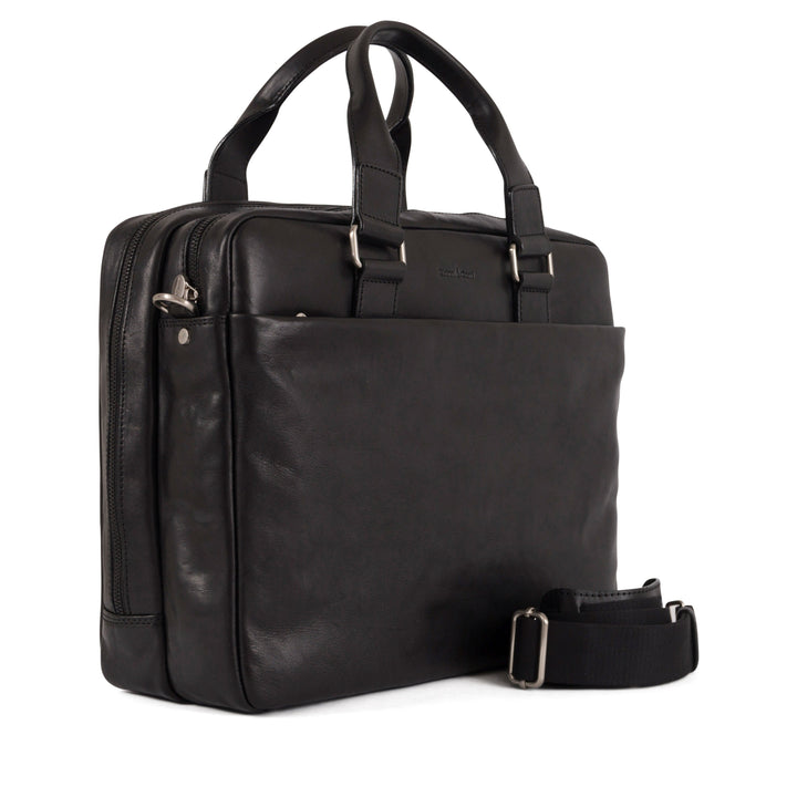 Black leather briefcase with handles and a detachable shoulder strap