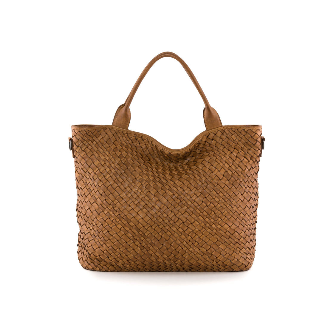 Handwoven brown leather tote bag with dual handles