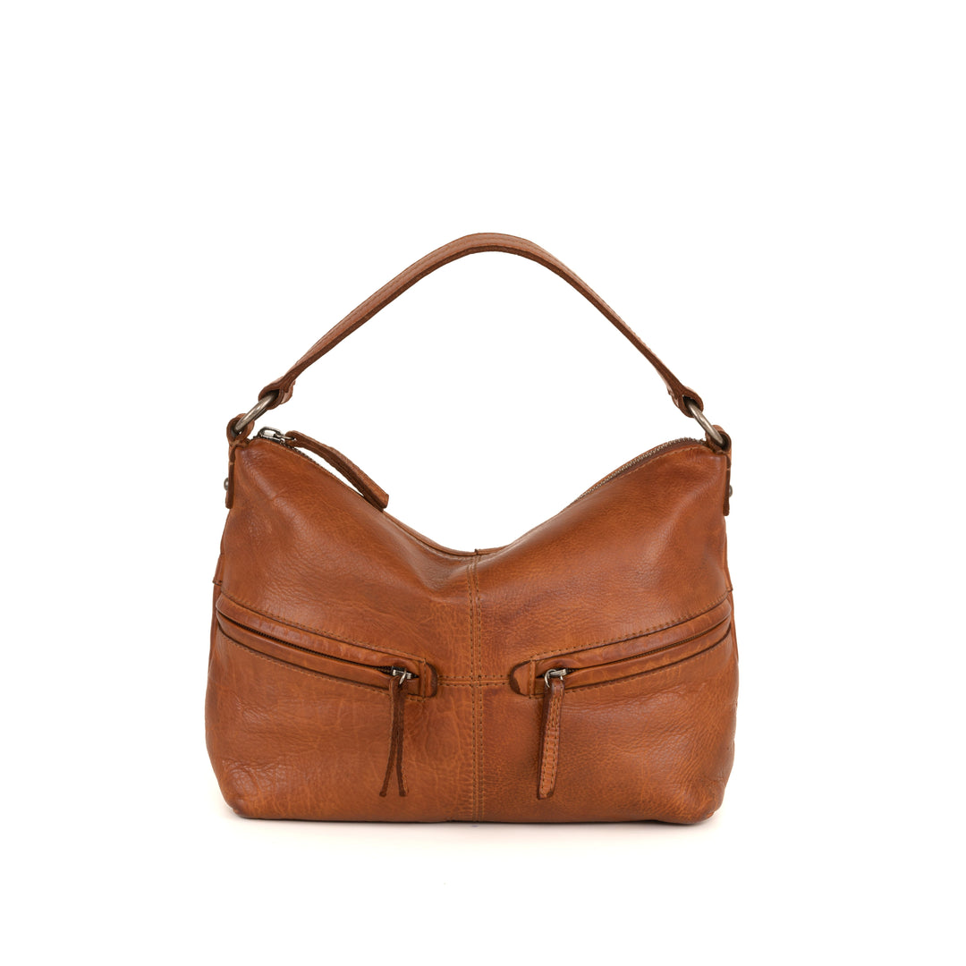 Brown leather handbag with two front pockets and a single top handle