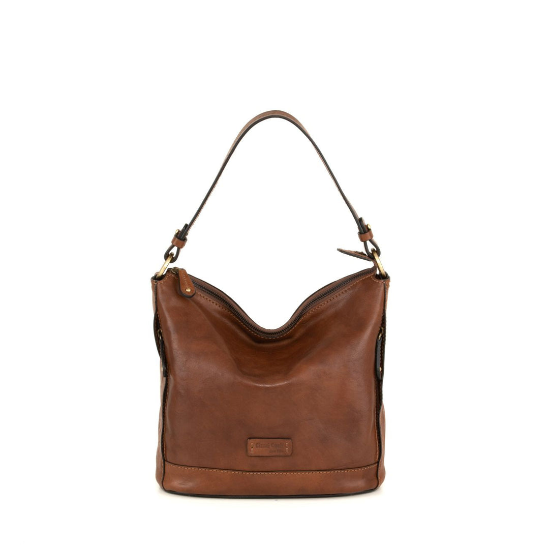 Brown leather hobo bag with single shoulder strap and brand logo