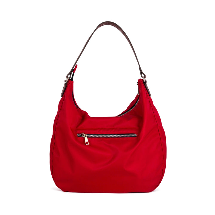 Red shoulder bag with front zipper pocket and brown strap