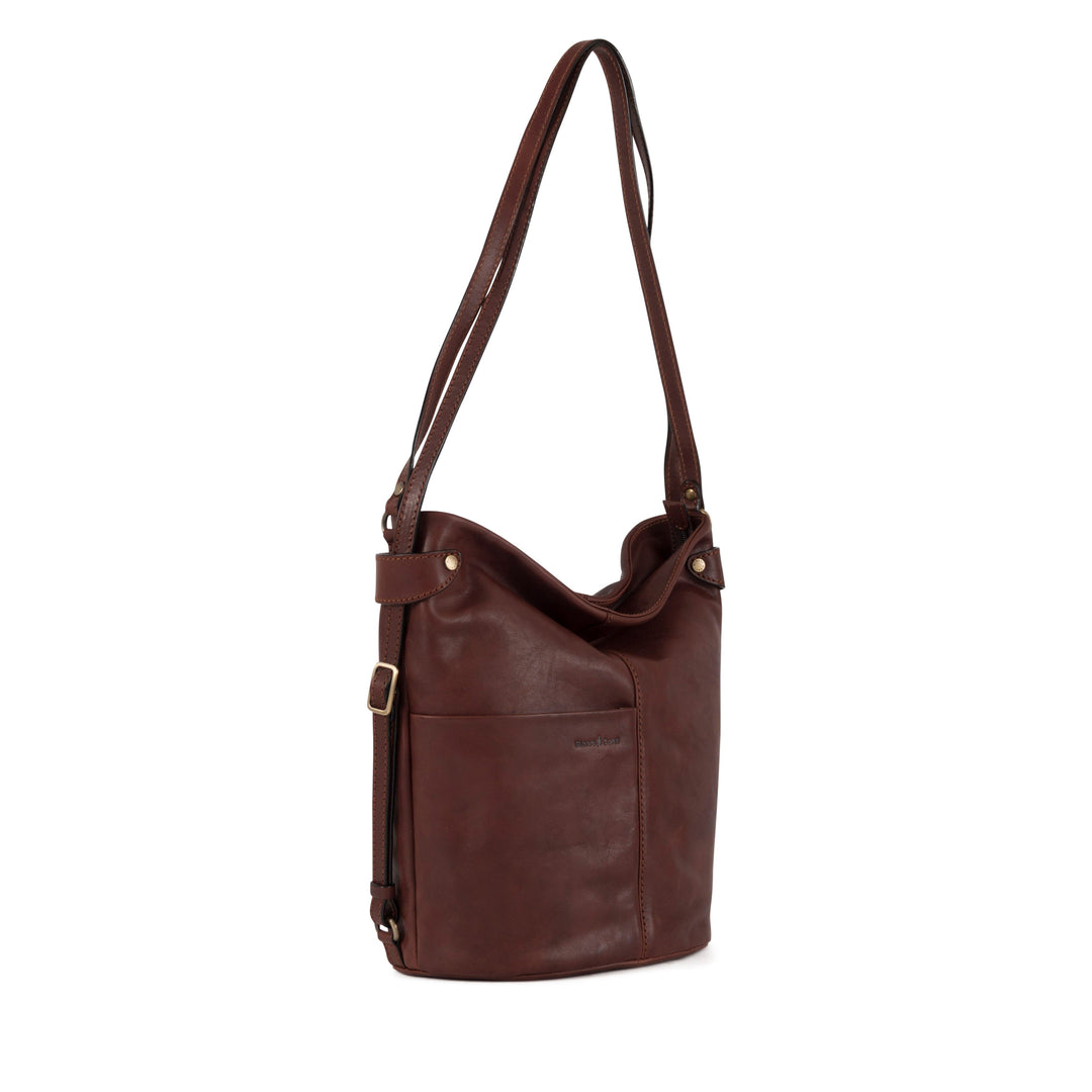 Brown leather shoulder bag with front pocket and adjustable strap