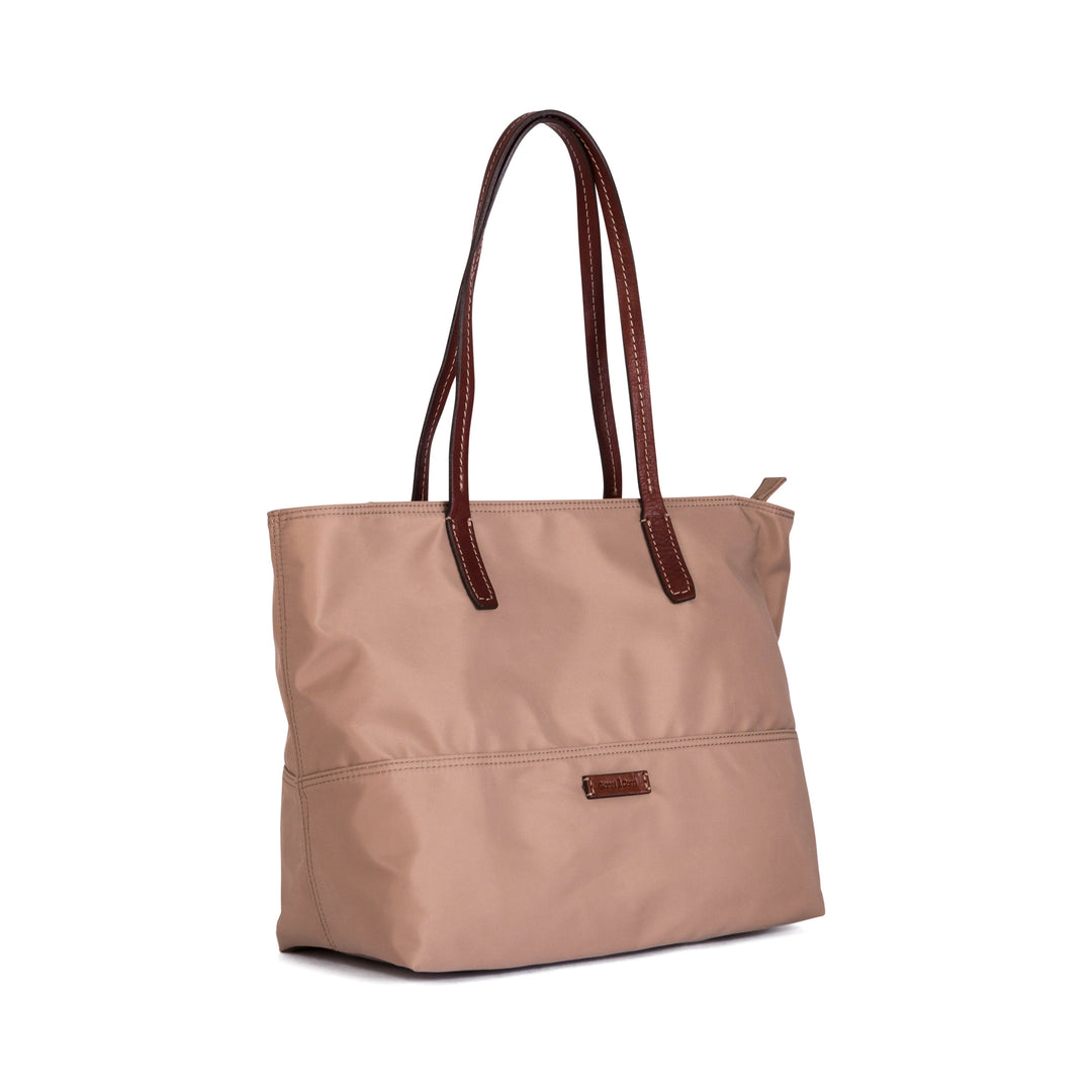 Beige tote bag with dark brown handles and zipper closure