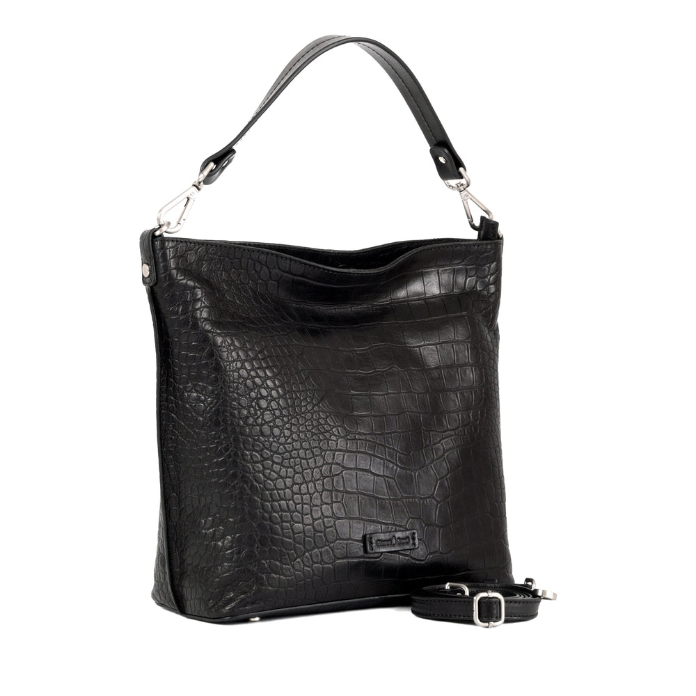 Black crocodile-textured leather handbag with detachable strap