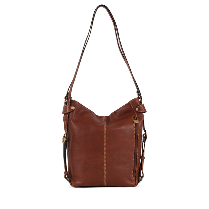Brown leather crossbody bag with adjustable strap and gold hardware