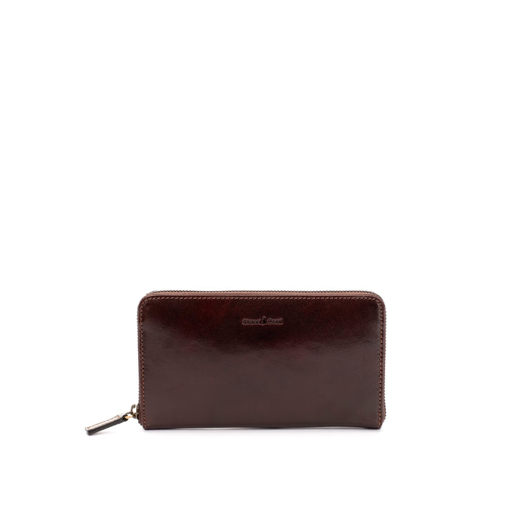 Brown leather zip-around wallet with shiny finish