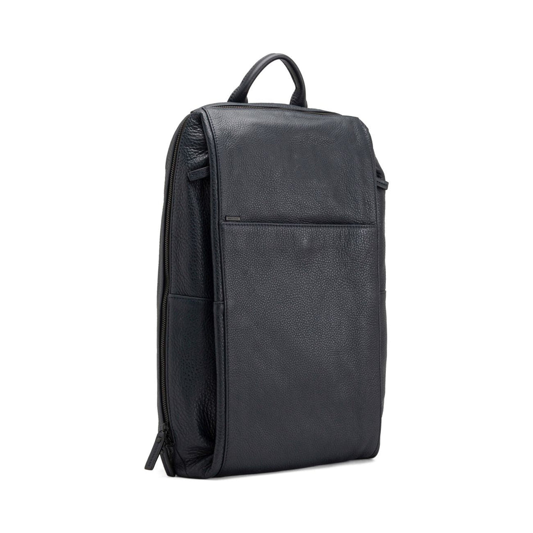 Black leather backpack with top handle and front pocket