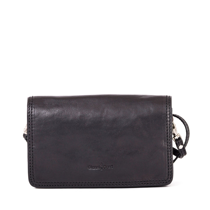 Black leather crossbody bag with strap and embossed logo