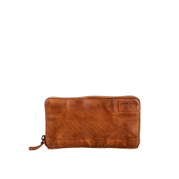 Brown leather zippered wallet on a white background