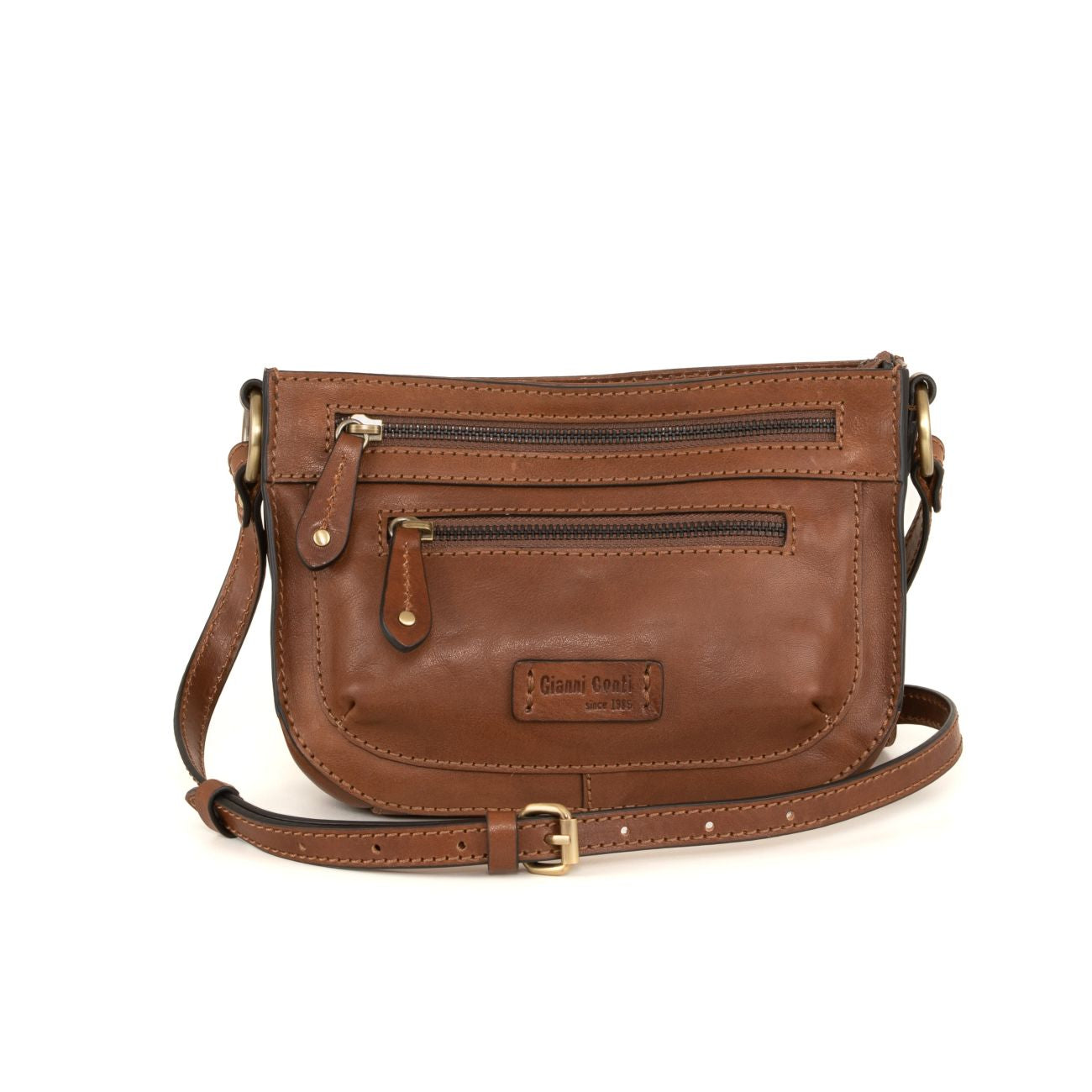 Brown leather crossbody bag with multiple zipper pockets and adjustable strap