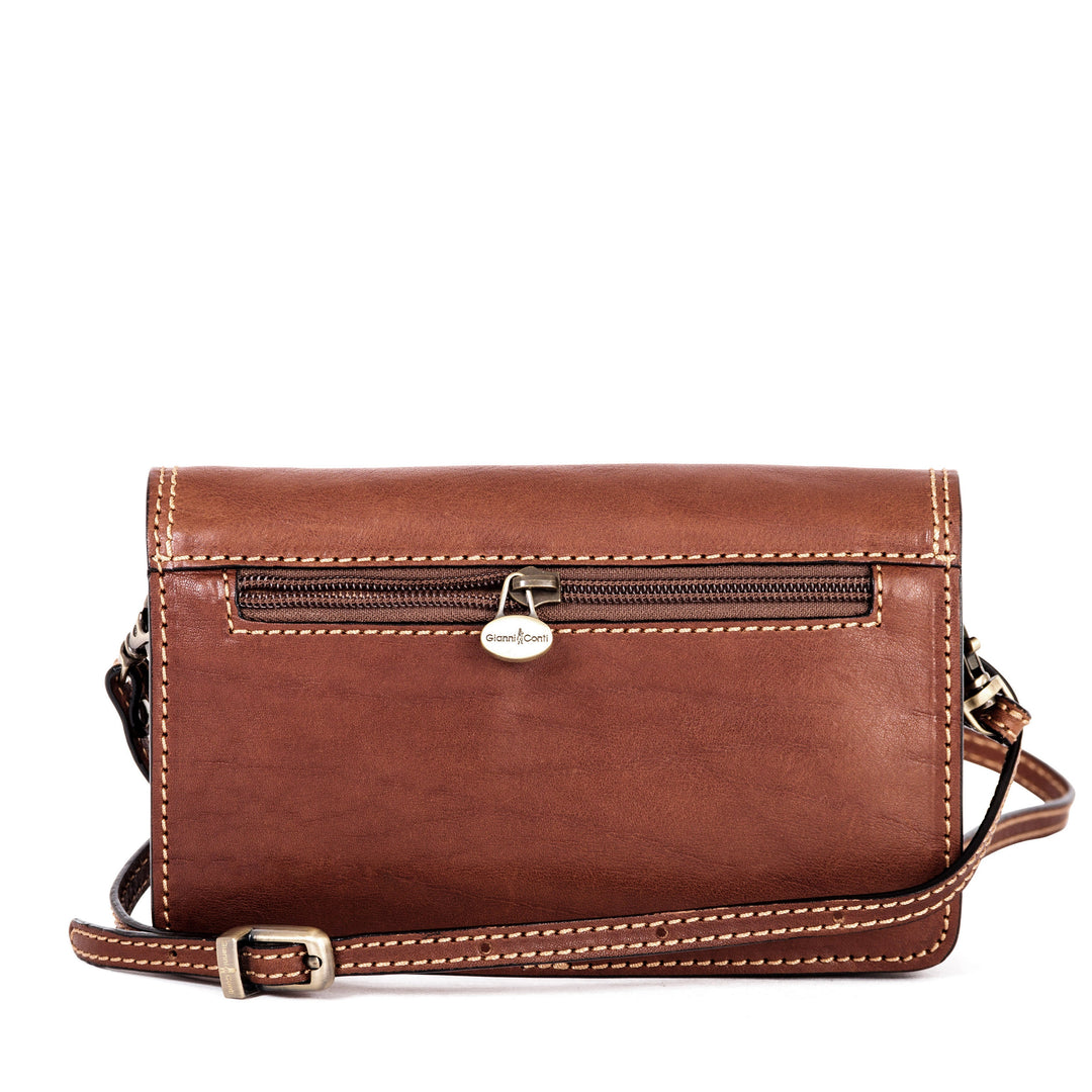 Brown leather crossbody bag with front zipper and adjustable strap