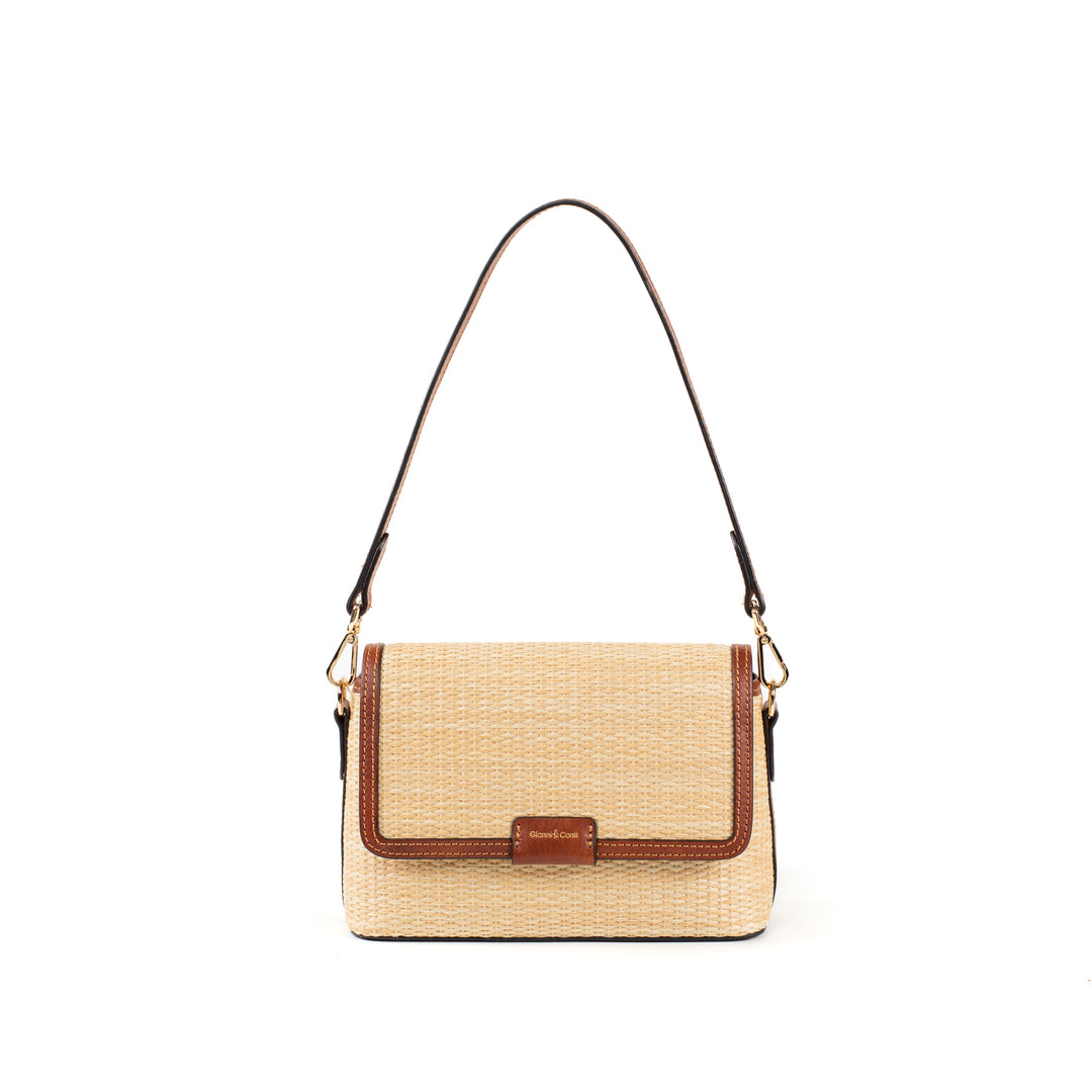 Elegant beige and brown straw handbag with shoulder strap and buckle detail