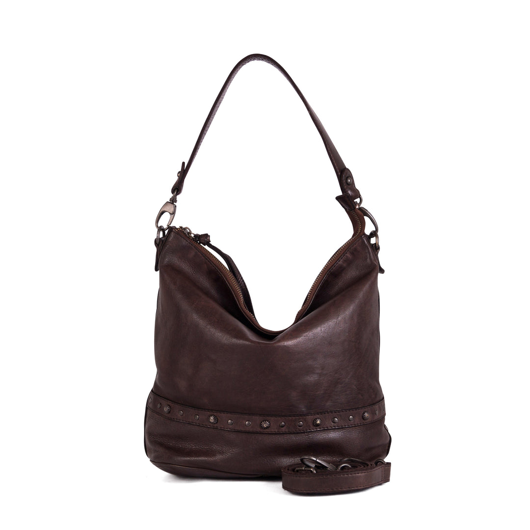 Dark brown leather hobo handbag with shoulder strap and metal studs detail