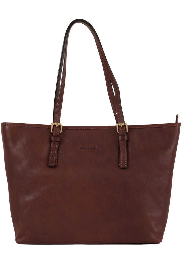 Brown leather tote bag with dual shoulder straps and gold buckle accents