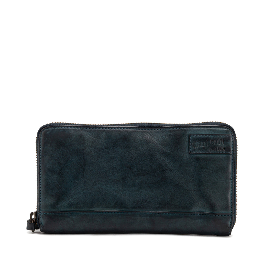 Dark green leather wallet with zipper closure