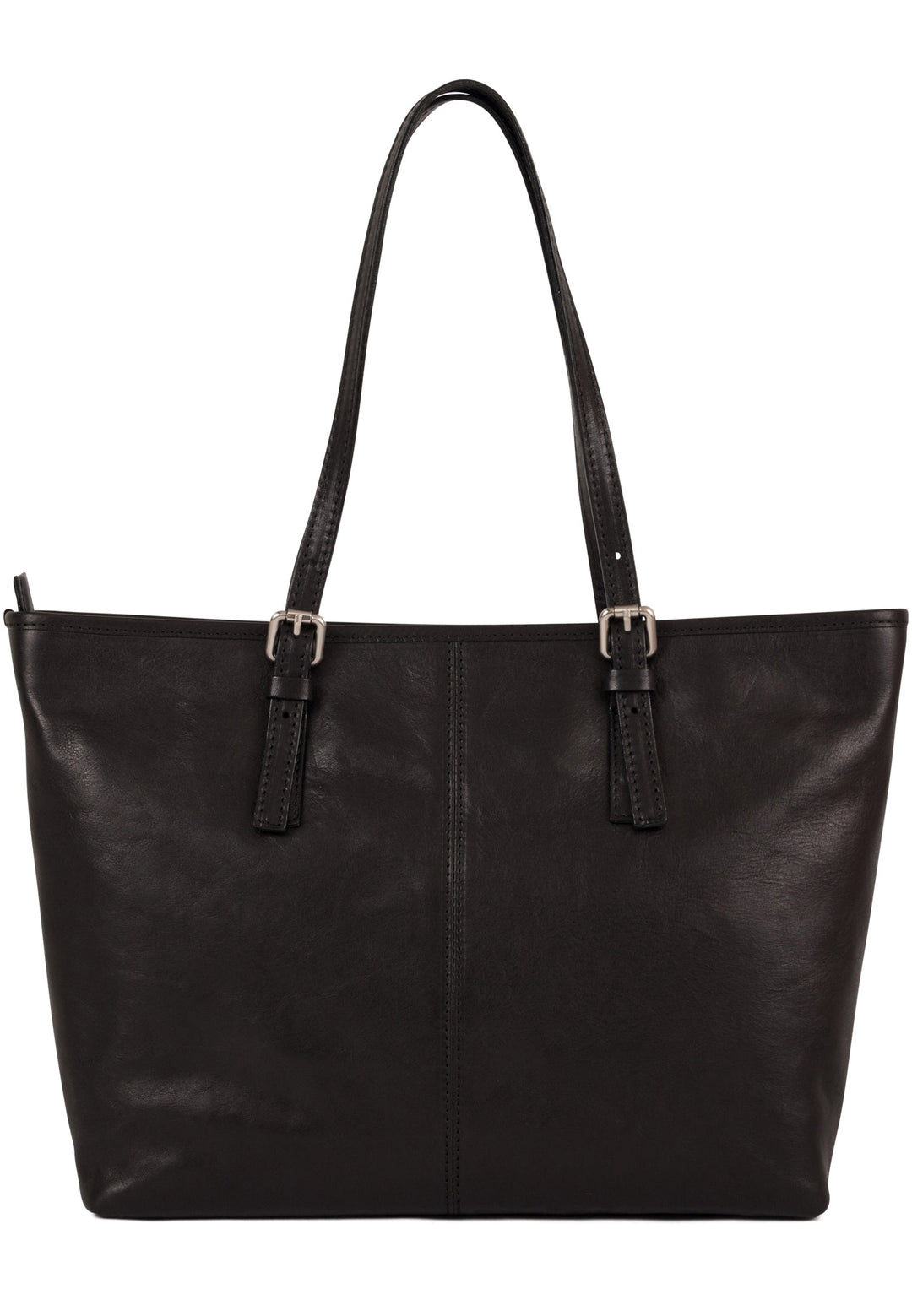 Black leather tote bag with adjustable straps and silver buckle accents