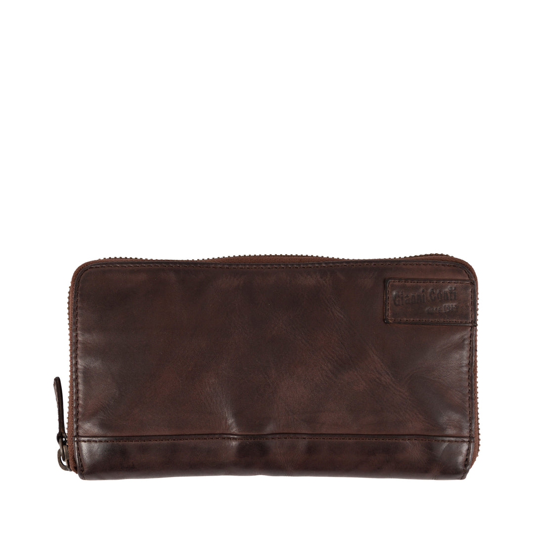 Brown leather zippered wallet with visible stitching and embossed logo