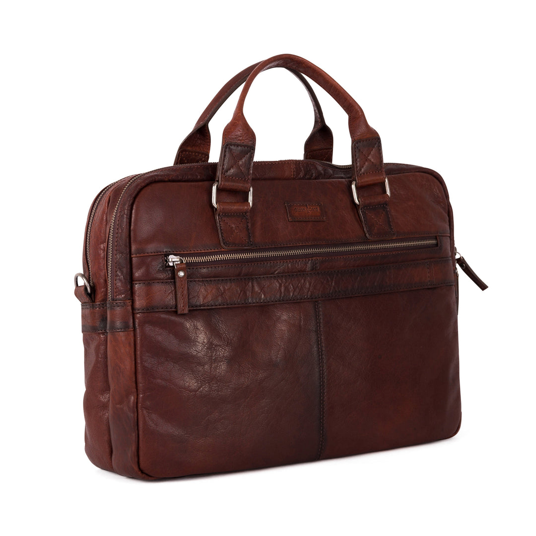 Brown leather laptop bag with front zipper pocket and top handles