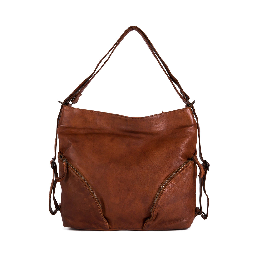 Brown leather shoulder bag with two front zip pockets