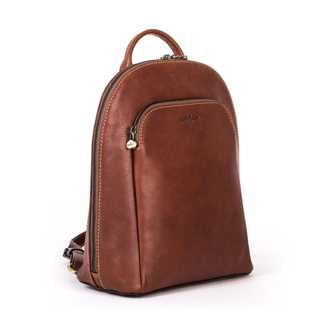 Brown leather backpack with front zipper pocket and top handle