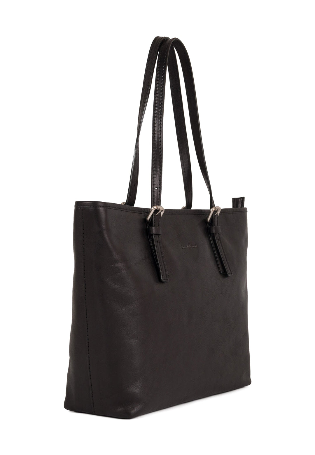 Black leather tote bag with long shoulder straps and metal hardware