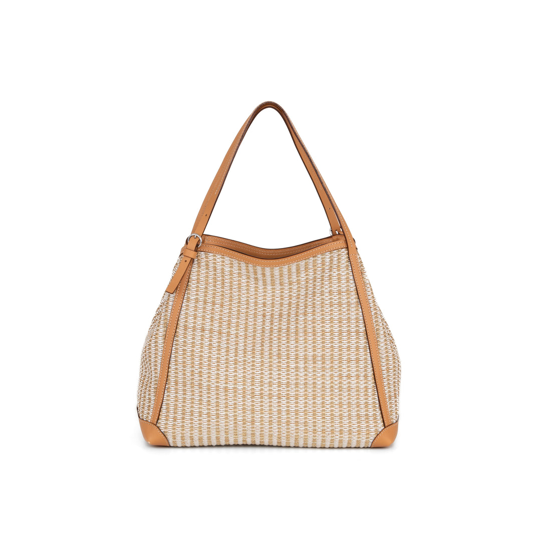 Beige woven tote bag with leather handles and trim