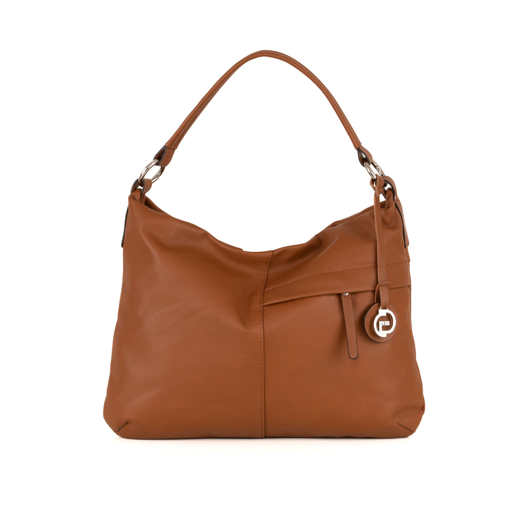 Brown leather handbag with shoulder strap and metal pendant