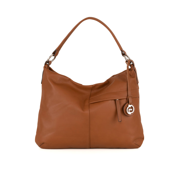 Brown leather handbag with shoulder strap and metal pendant