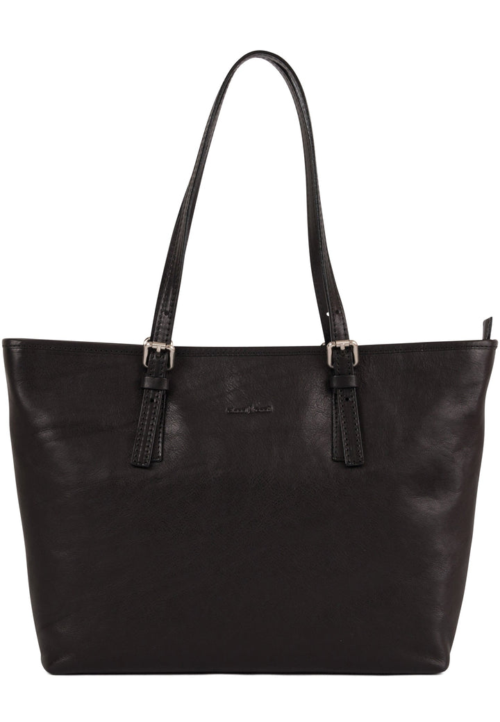 Black leather tote bag with dual shoulder straps