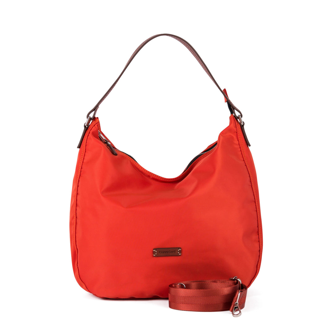 Red shoulder bag with detachable strap and metal accents