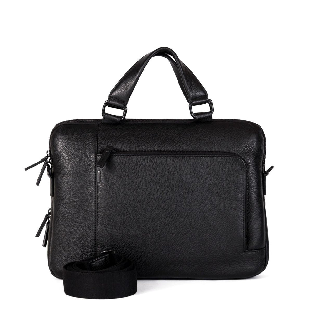 Black leather laptop bag with shoulder strap