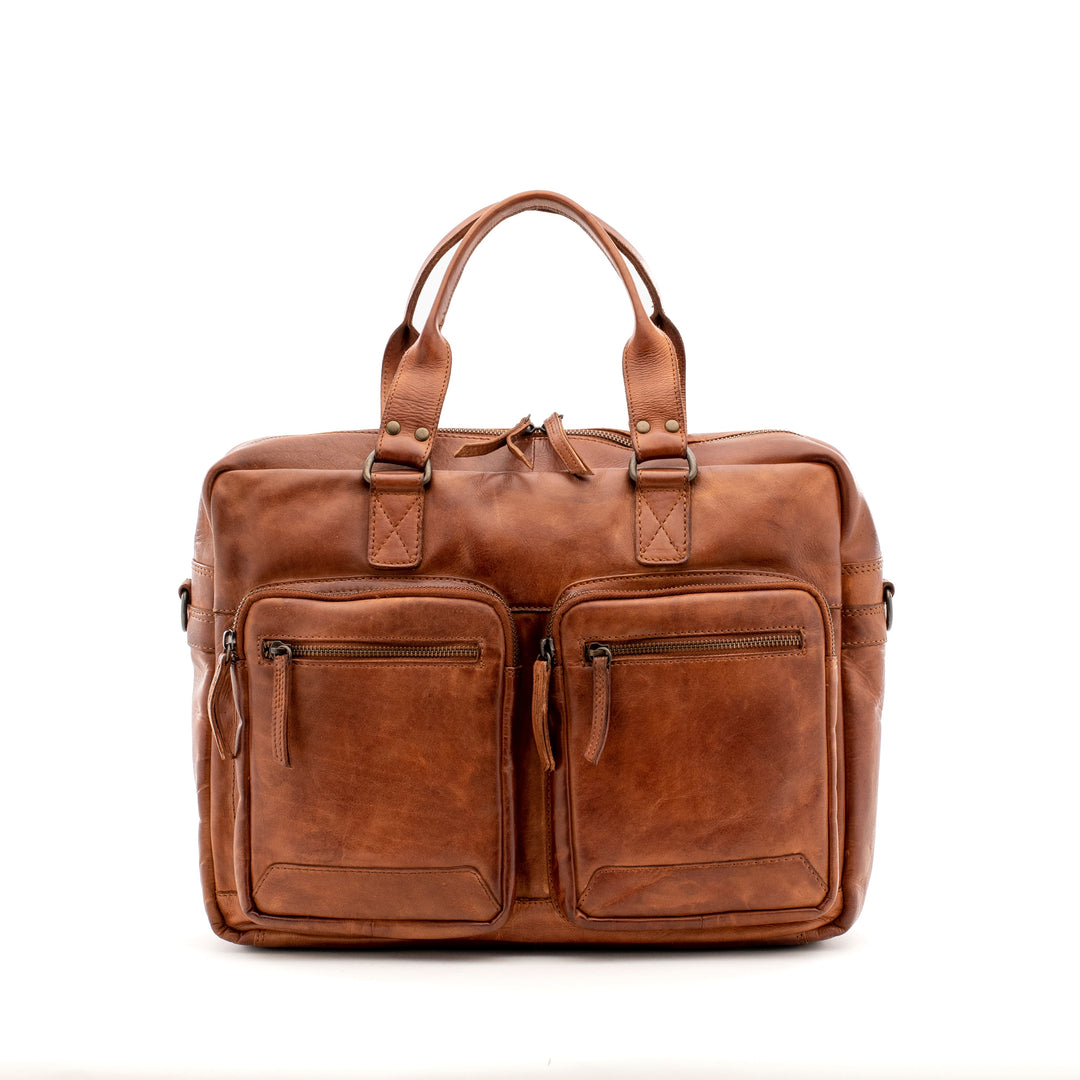 Brown leather laptop bag with multiple pockets and handles