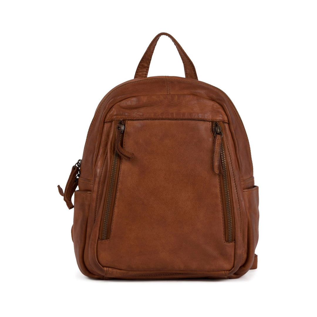 Brown leather backpack with multiple zippered pockets