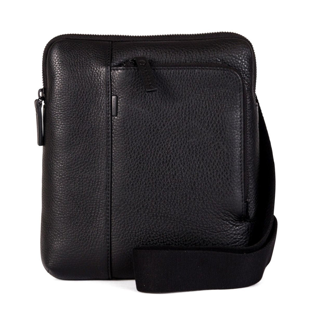 Sleek black leather messenger bag with front zipper pocket and adjustable strap