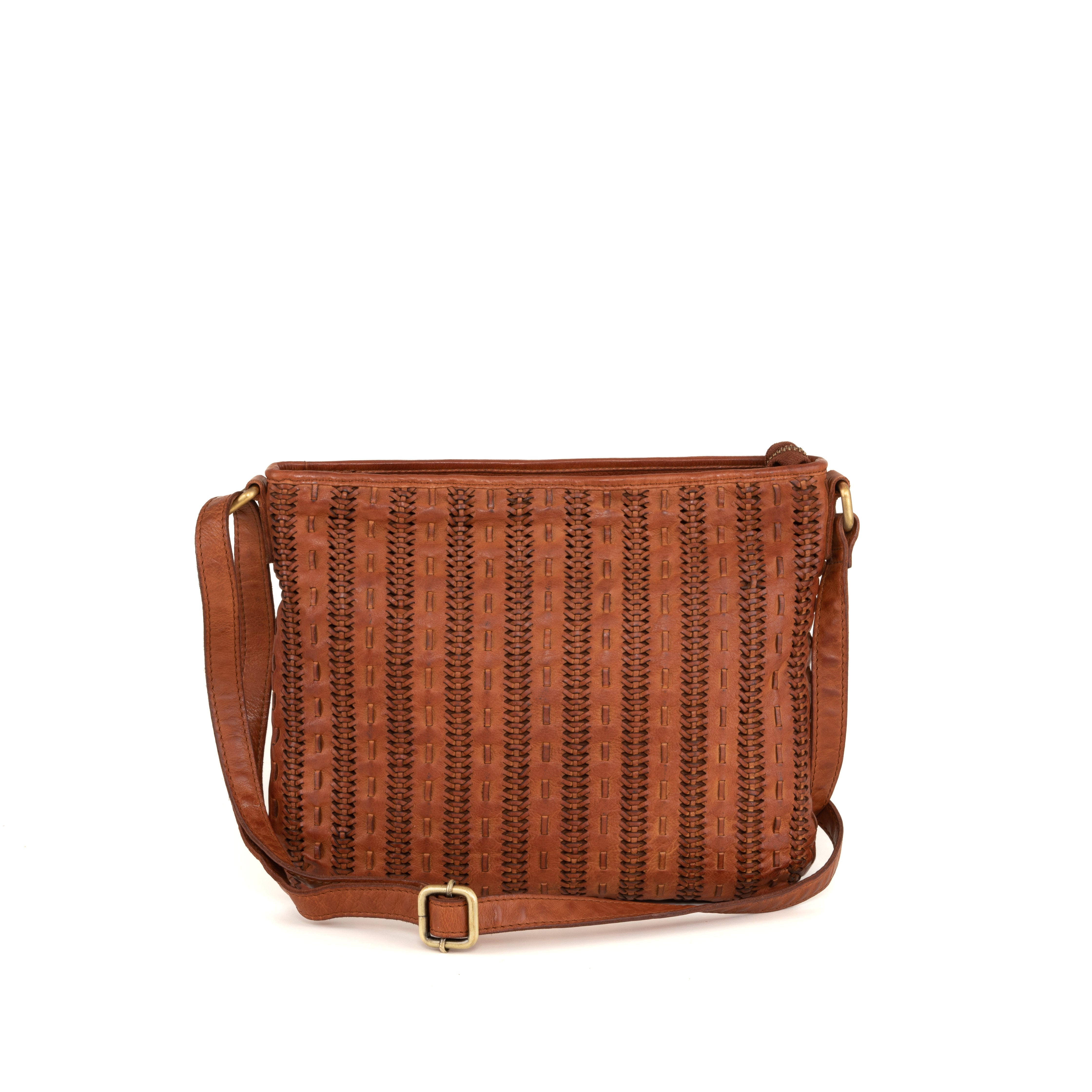 Brown woven leather crossbody handbag with adjustable strap