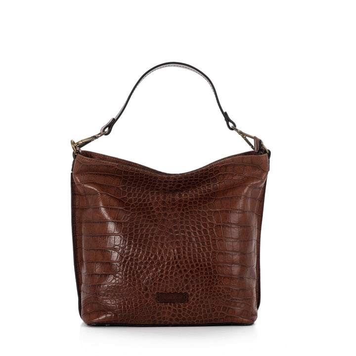 Brown crocodile-pattern leather handbag with a single strap