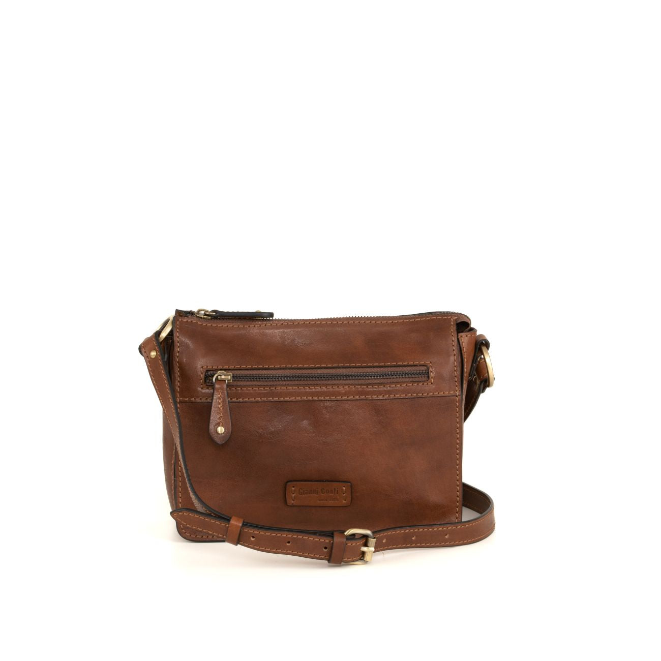 Brown leather crossbody handbag with front zip pocket and adjustable strap