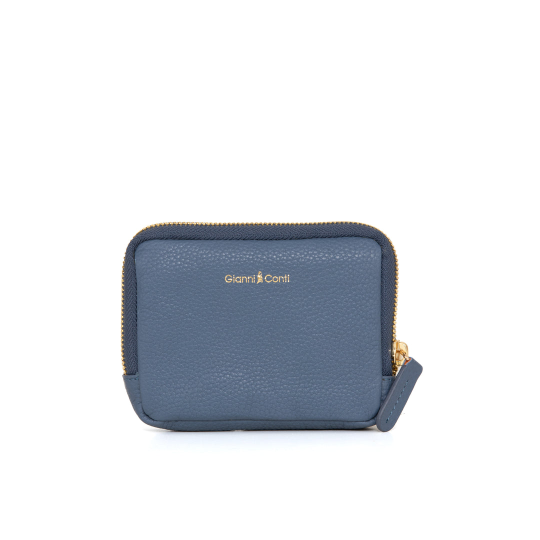 Blue leather wallet with gold zipper and Gianni Conti logo