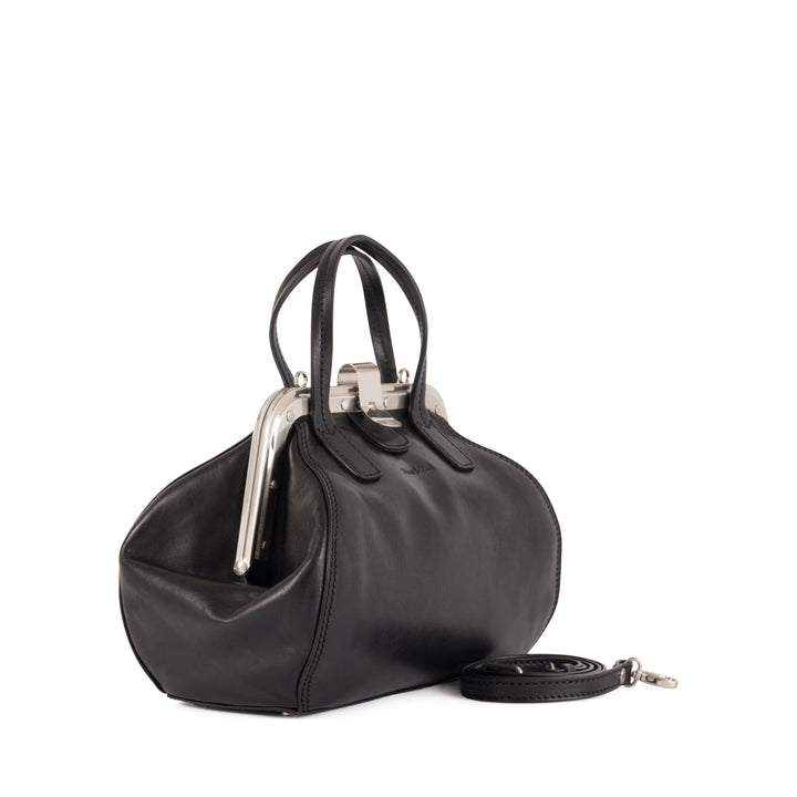 Elegant black leather handbag with silver clasp and detachable strap