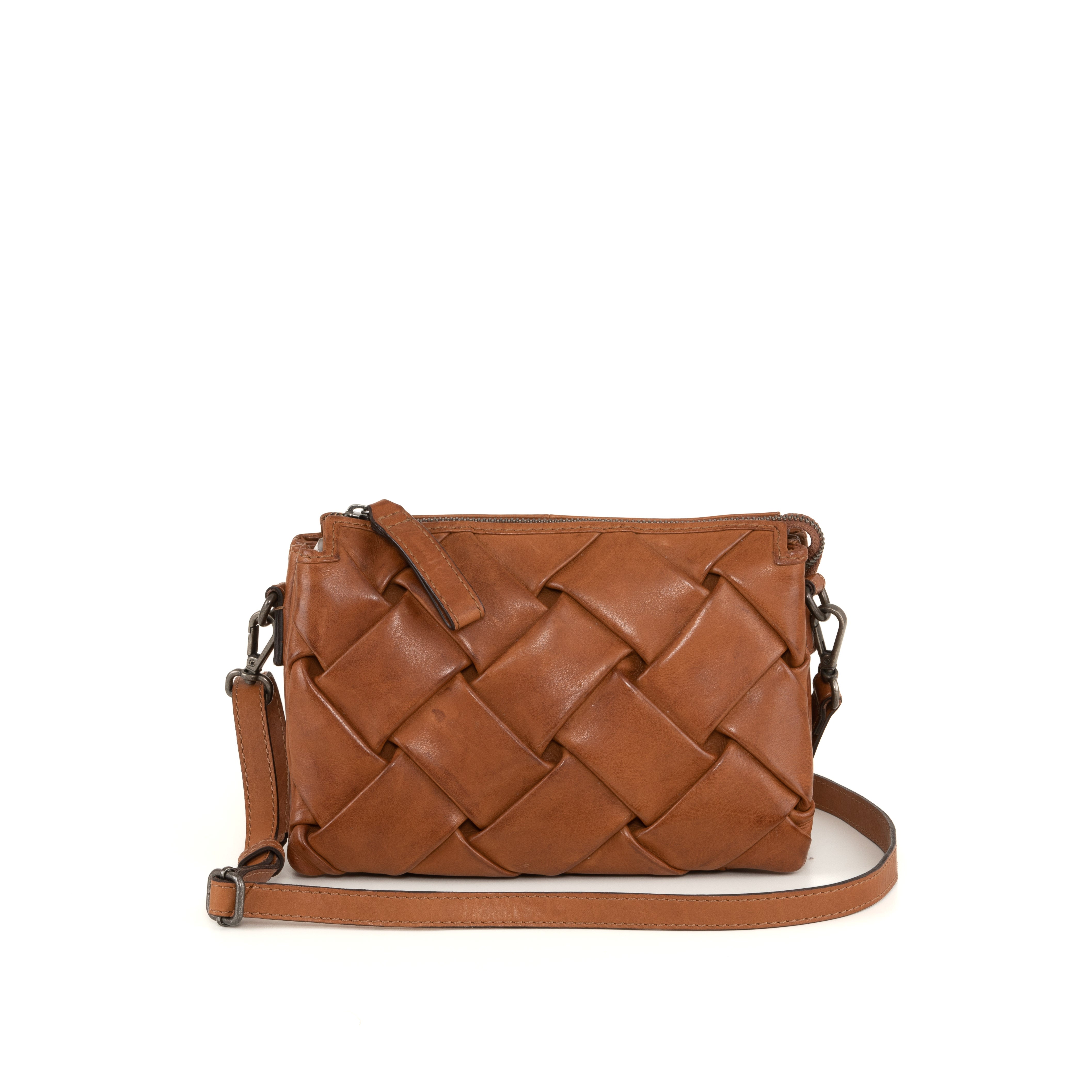 Brown woven leather shoulder bag with adjustable strap