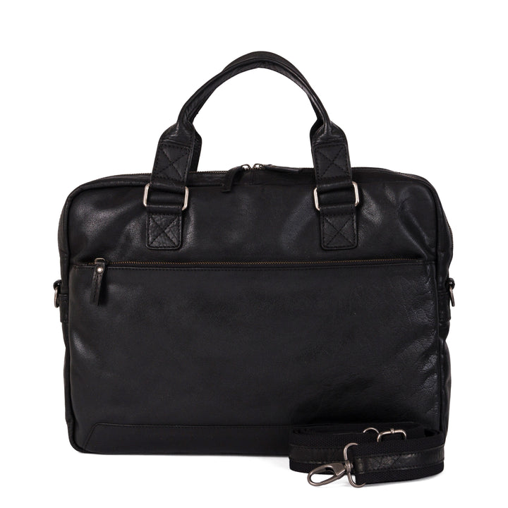 Black leather laptop bag with detachable shoulder strap